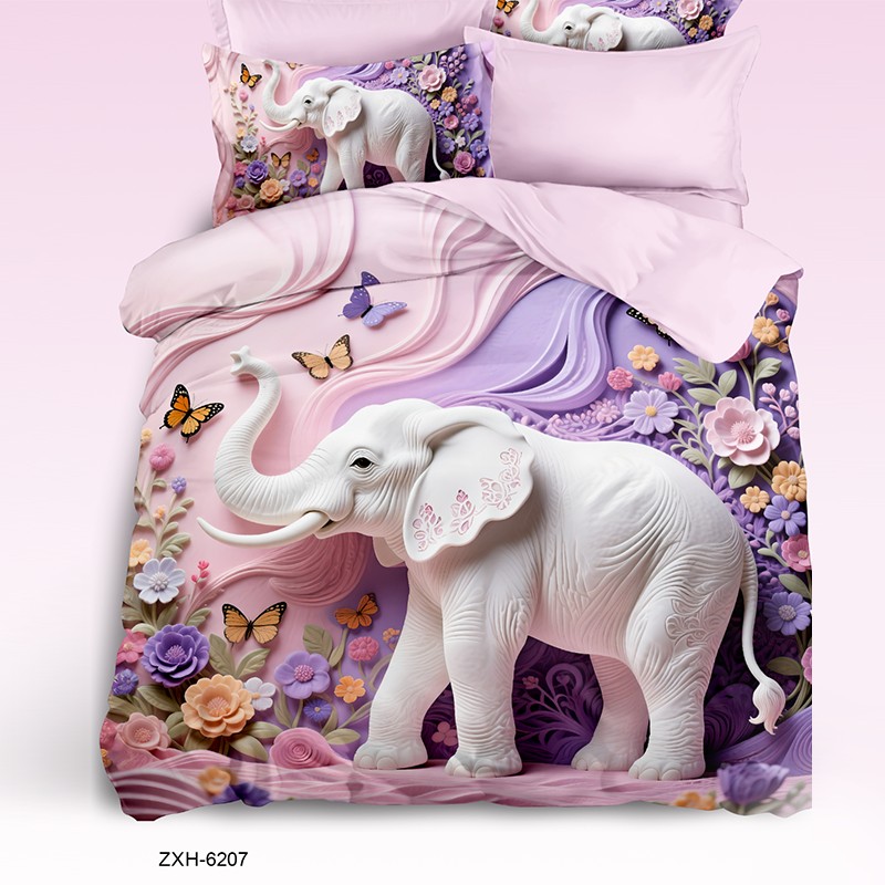 Cartoon 5D Digital Printed Bed Sheet Set with an Elegant White Elephant in Floral Paradise