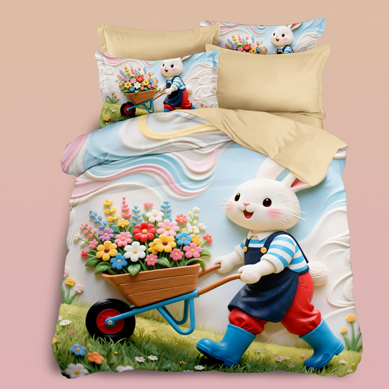 Cartoon 5D Digital Printed Bed Set with Bunny Carrying Flowers in a Beautiful Garden for a Whimsical and Peaceful Bedroom