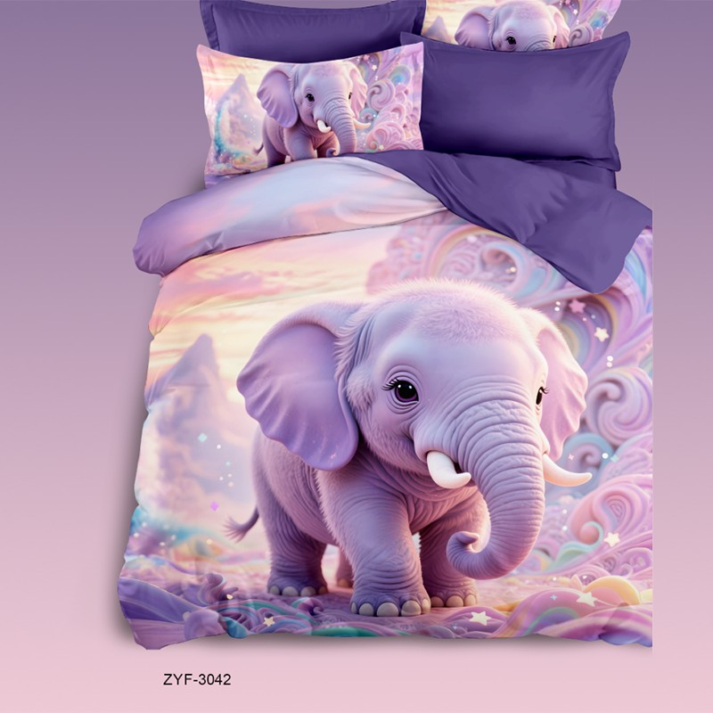 Cartoon 5D Digital Printed Bed Sheet Set with a Dreamy Purple Elephant in Swirling Clouds