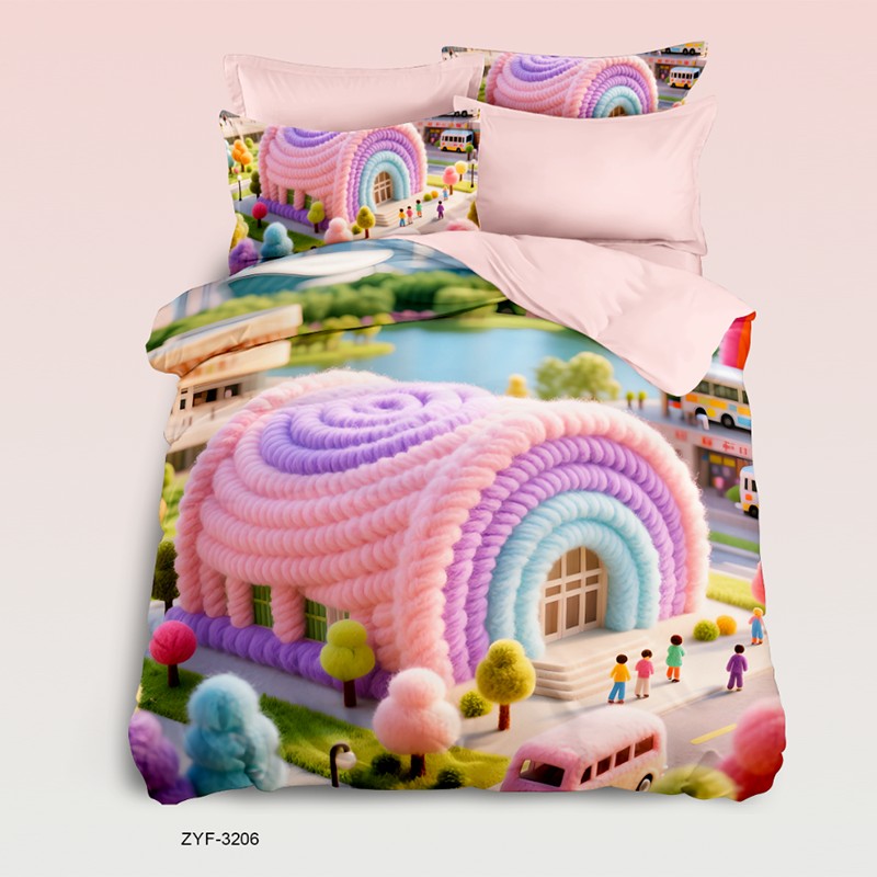 Cartoon 5D Digital Printed Bed Sheet Set with a Rainbow Building in a City