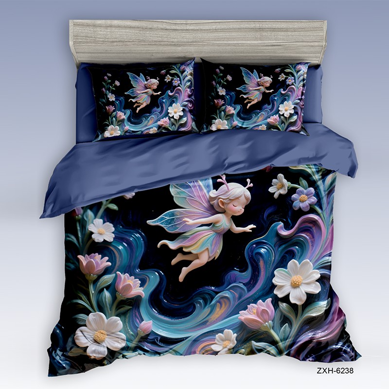 Cartoon 5D Digital Printed Bed Sheet Set with a Whimsical Flying Fairy and Enchanting Flowers