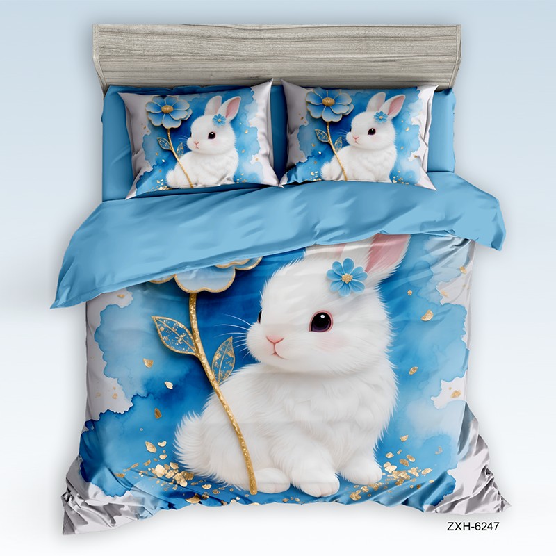 Cartoon 5D Digital Printed Bed Sheet Set with a Cute White Bunny and Blue Watercolor Flowers