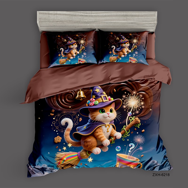 Cartoon 5D Digital Printed Bed Sheet Set with a Magical Cat on a Broomstick