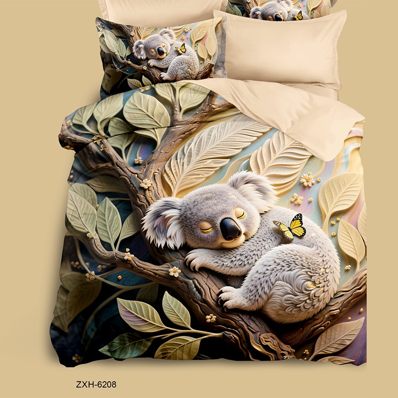 Cartoon 5D Digital Printed Bed Sheet Set with a Sleepy Koala in Eucalyptus Forest