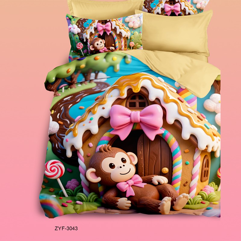 Cartoon 5D Digital Printed Bed Sheet Set with a Sweet Monkey in a Candy House