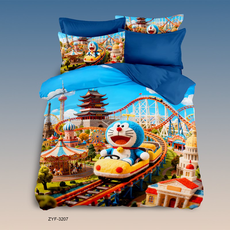 Cartoon 5D Digital Printed Bed Sheet Set with Doraemon on a Roller Coaster