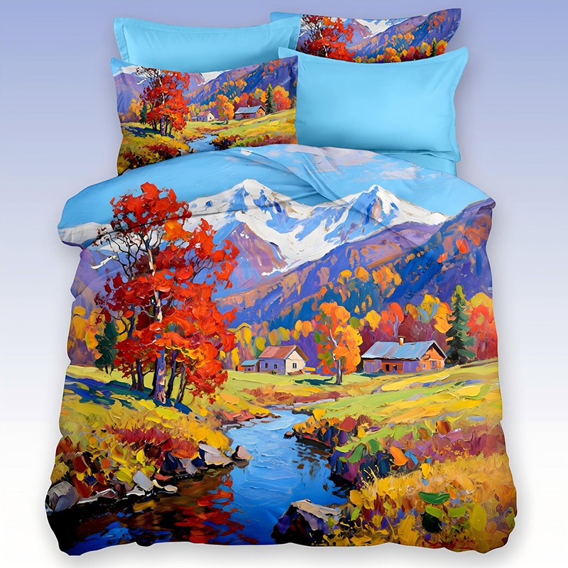 5D Oil-Painting Effect Digital Print Bedding Set -Mountain Retreat