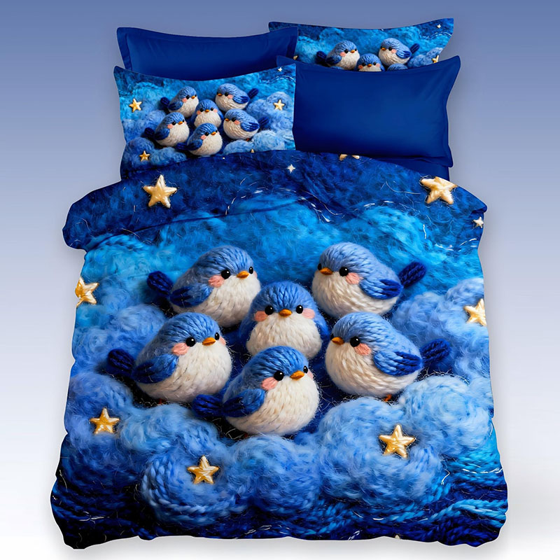 5D Cartoon Digital Printed Bed Sheet Set-Starry Sky Bluebirds