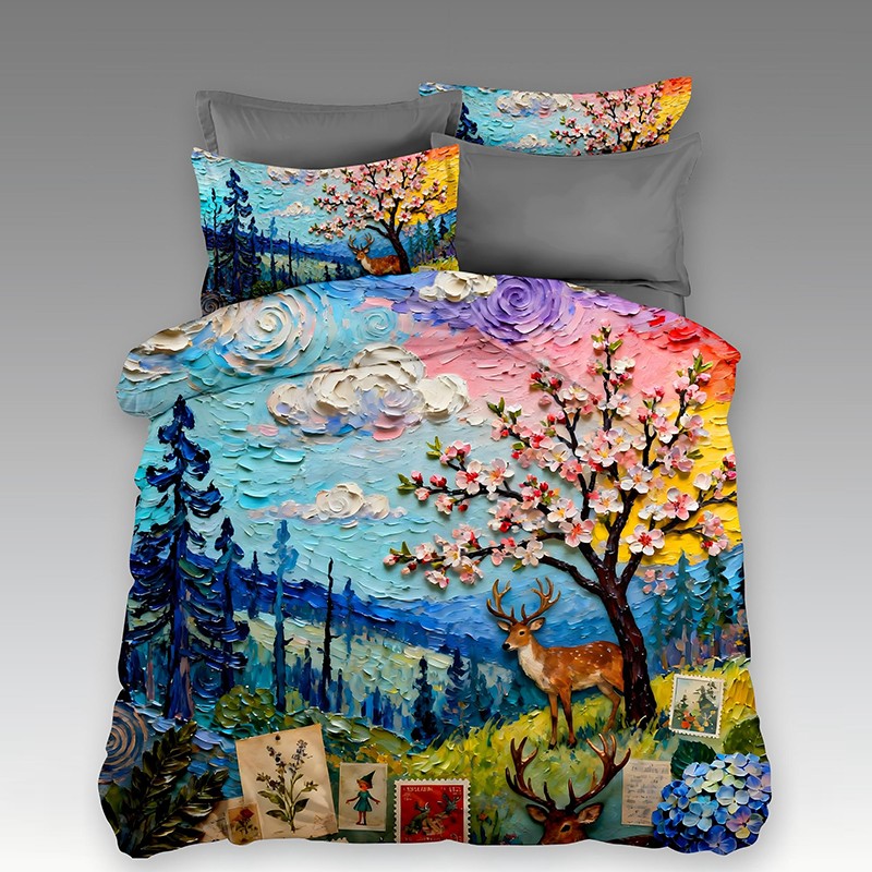 ‌5D Oil-Painting Effect Digital Print Bedding Set - ‌Blossoming Forest
