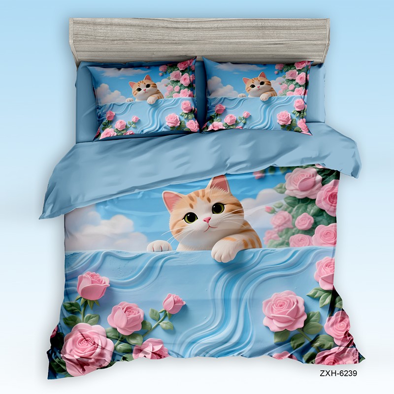 Cartoon 5D Digital Printed Bed Sheet Set with an Adorable Kitten Among Pink Roses