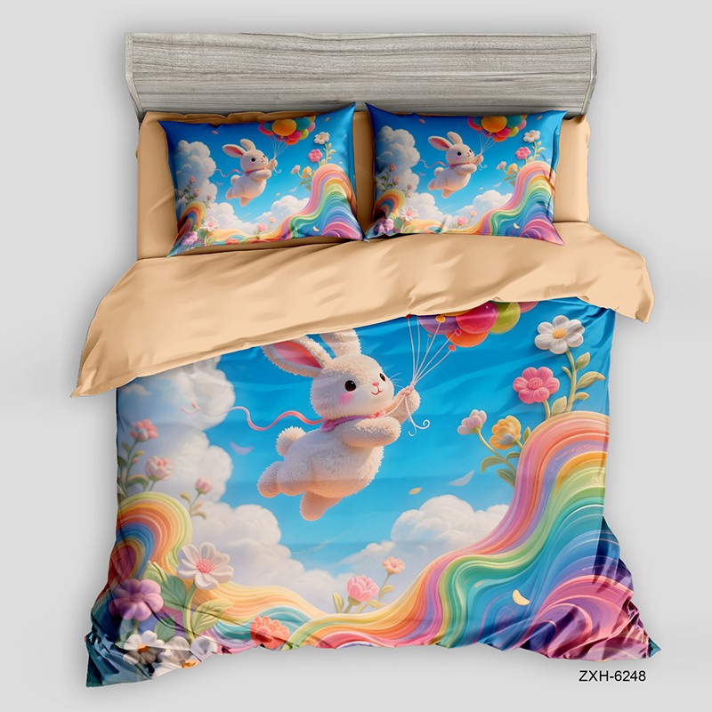 Cartoon 5D Digital Printed Bed Sheet Set with a Flying Bunny and Rainbows
