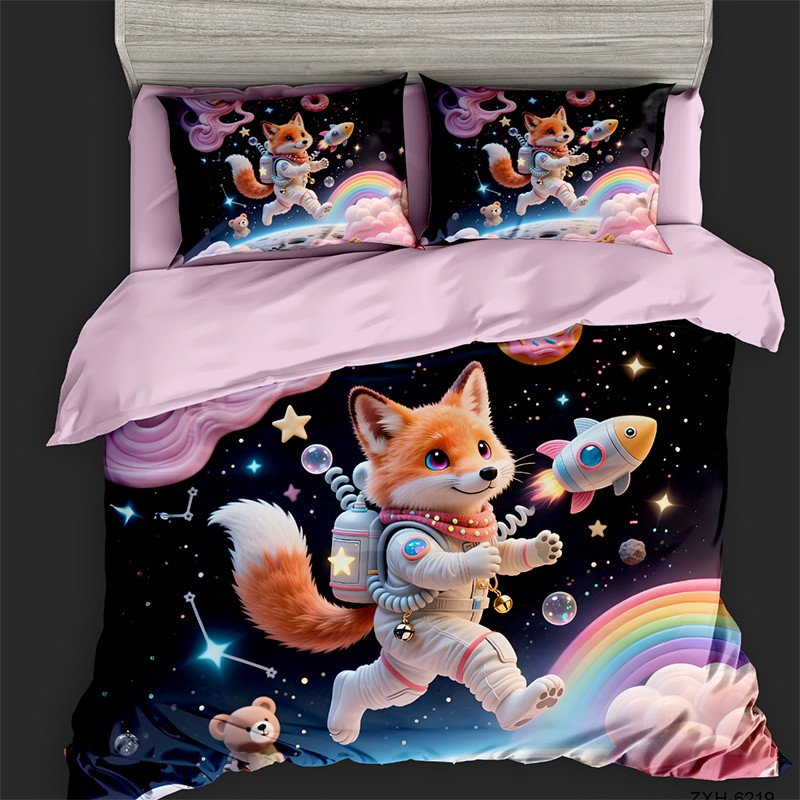 Cartoon 5D Digital Printed Bed Sheet Set with an Astronaut Fox in Space