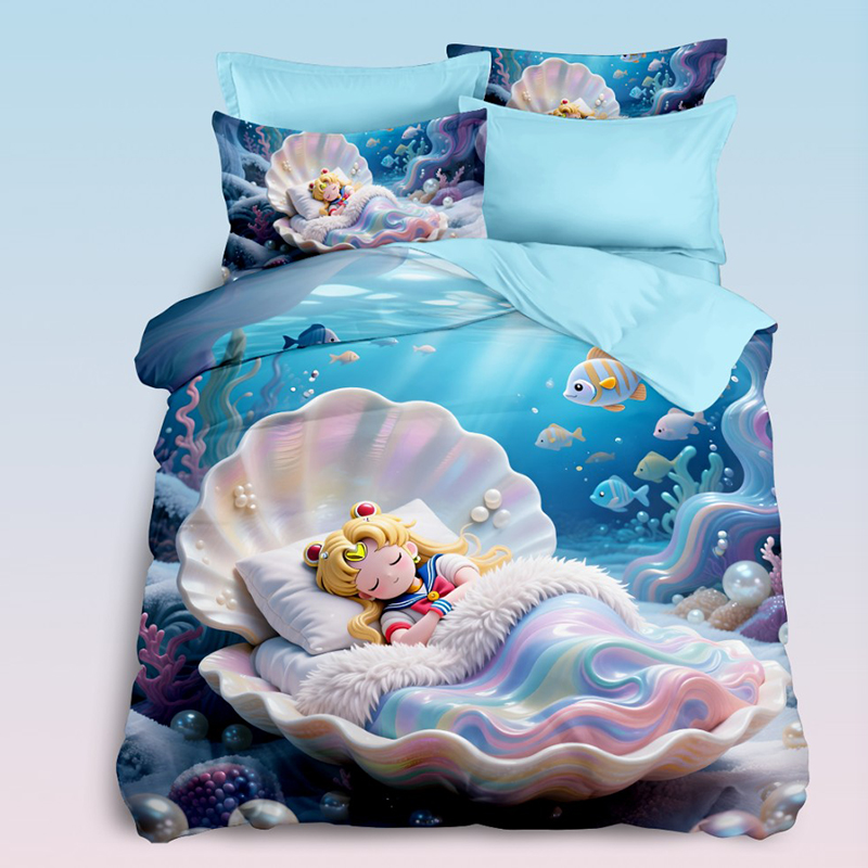 Cartoon 5D Digital Printed Bed Set Featuring Underwater Princess Design with a Dreamy Shell for a Magical Bedroom Experience