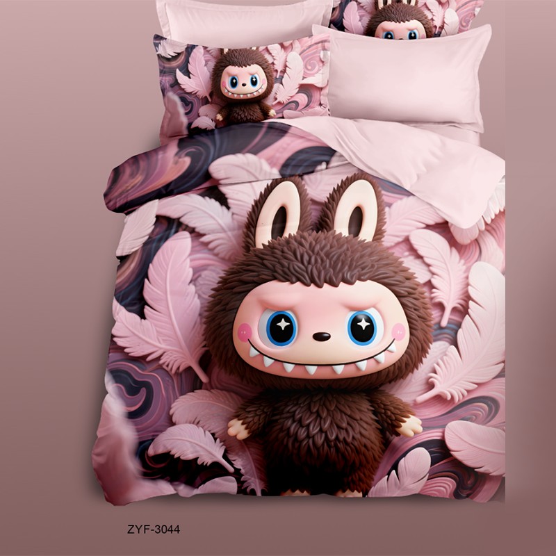 Cartoon 5D Digital Printed Bed Sheet Set with a Fluffy Monster in Pink Feathers