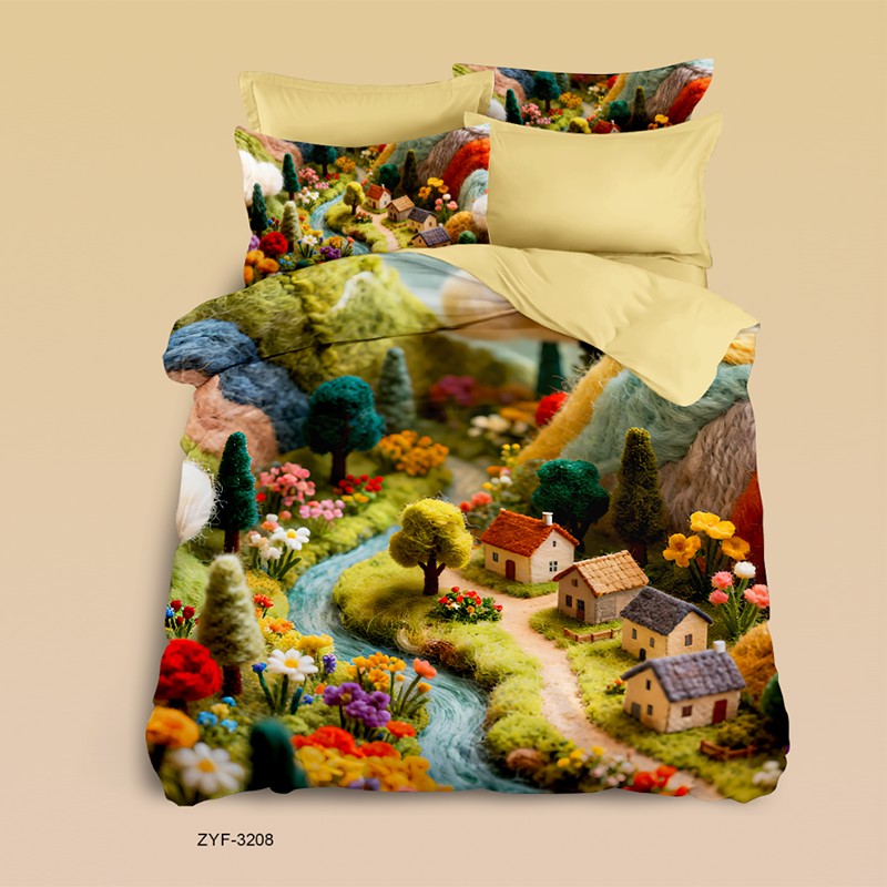 Cartoon 5D Digital Printed Bed Sheet Set with a Miniature Village in a Valley