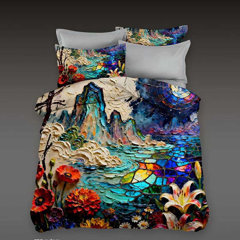 ‌5D Oil-Painting Effect Bedding Set - Vibrant Floral & Waterfall