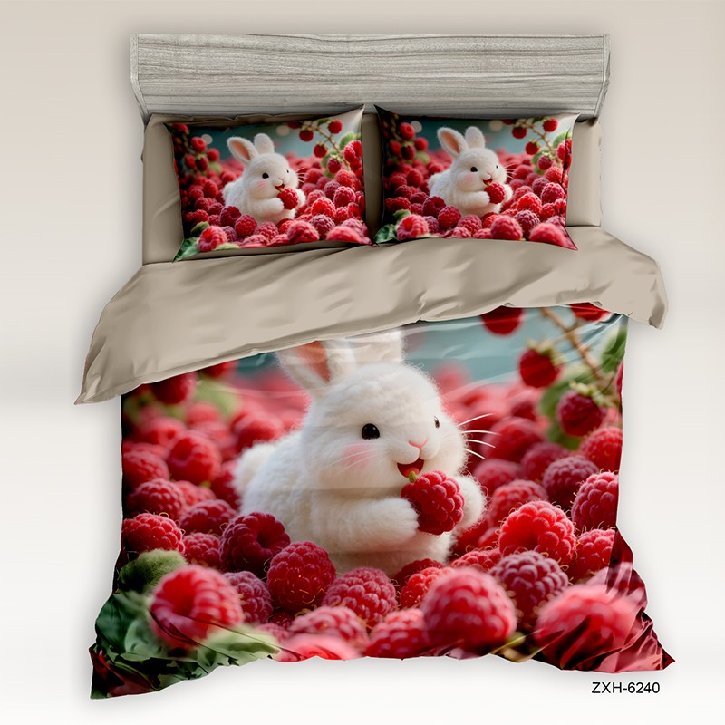 Cartoon 5D Digital Printed Bed Sheet Set with a Fluffy White Bunny in Raspberries