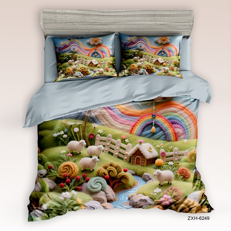 Cartoon 5D Digital Printed Bed Sheet Set with a Whimsical Rainbow Countryside and Sheep