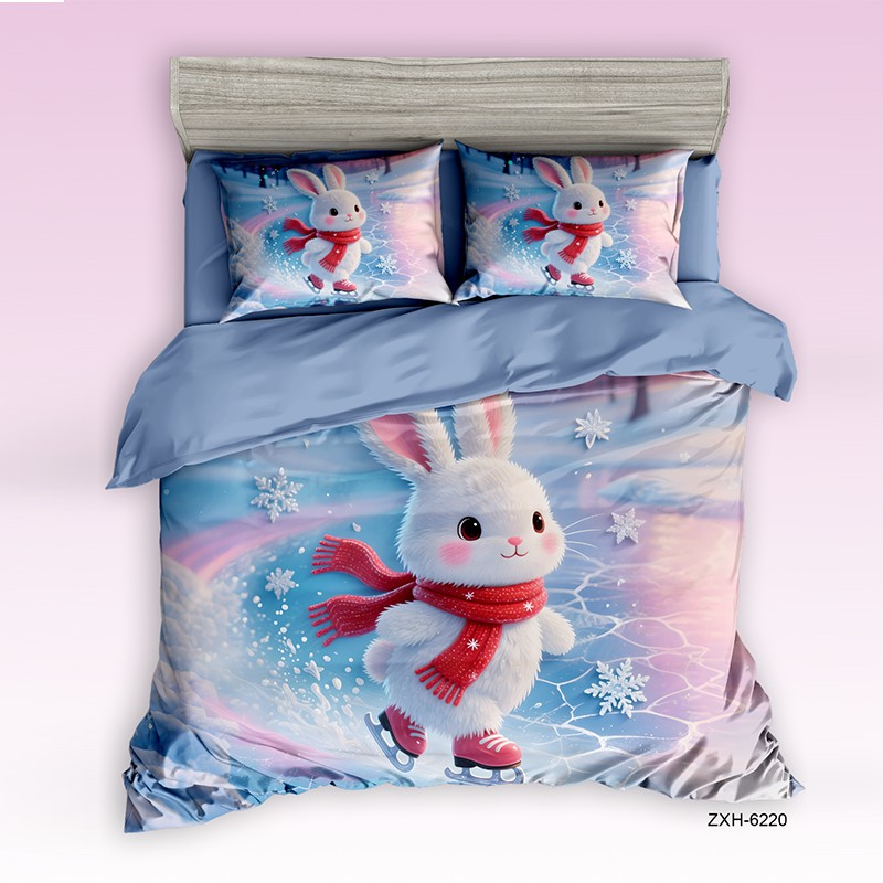 Cartoon 5D Digital Printed Bed Sheet Set with a Cute Ice-Skating Bunny