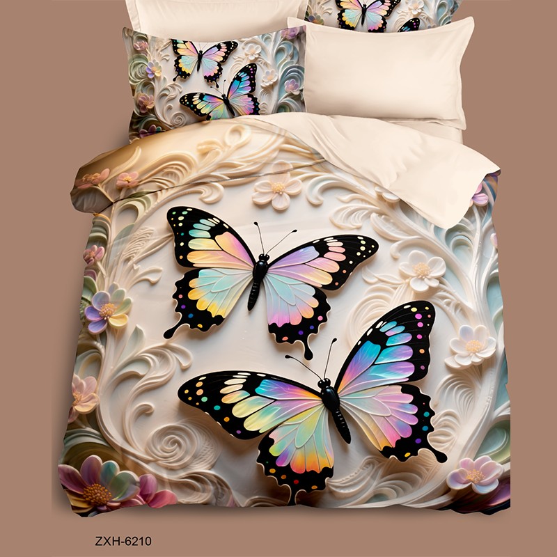 Cartoon 5D Digital Printed Bed Sheet Set with Rainbow Butterflies in Ornate Floral Design