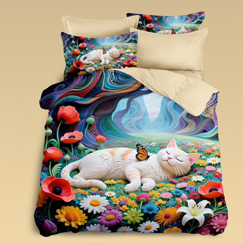 Cartoon 5D Digital Printed Bed Set Featuring a Sleeping Cat Surrounded by Colorful Flowers for a Calming Bedroom Ambiance