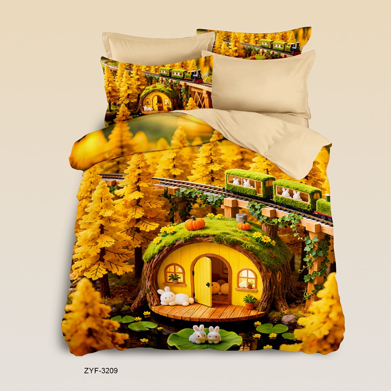 Cartoon 5D Digital Printed Bed Sheet Set with a Hobbit House in an Autumn Forest