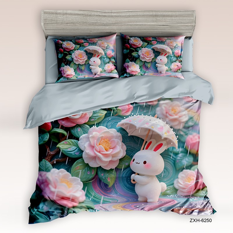 Cartoon 5D Digital Printed Bed Sheet Set with a Cute Bunny in a Rainy Rose Garden
