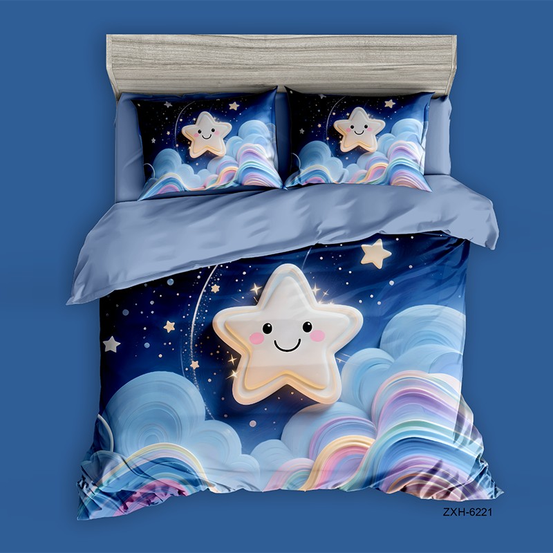 Cartoon 5D Digital Printed Bed Sheet Set with a Smiling Star and Swirling Clouds