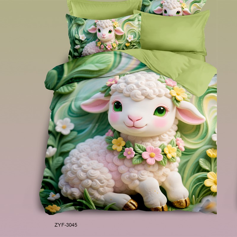 Cartoon 5D Digital Printed Bed Sheet Set with a Flower-Crowned Lamb in a Green Meadow