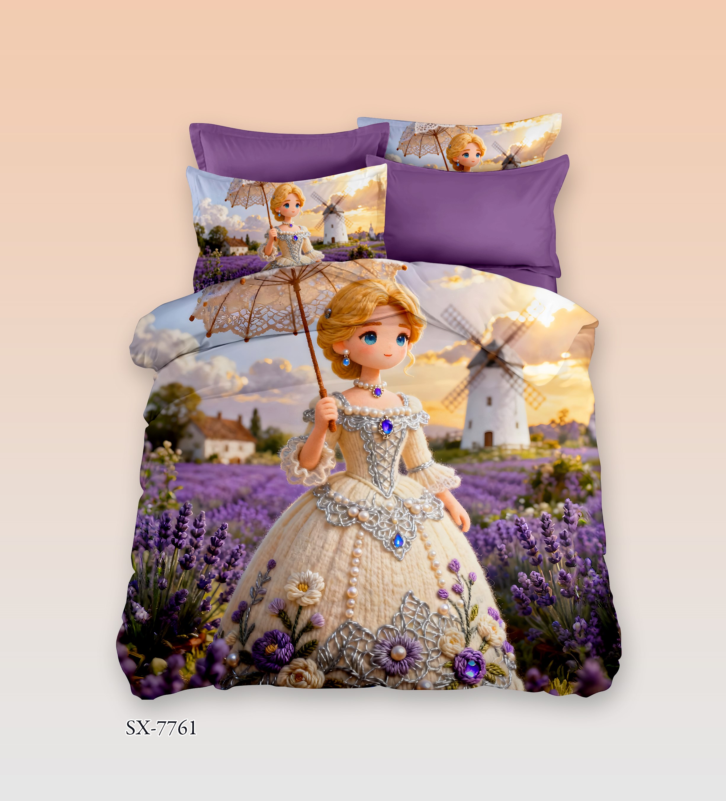 Princess 5D Digital Printed Bed Sheet Set with Victorian Lady in Lavender Field