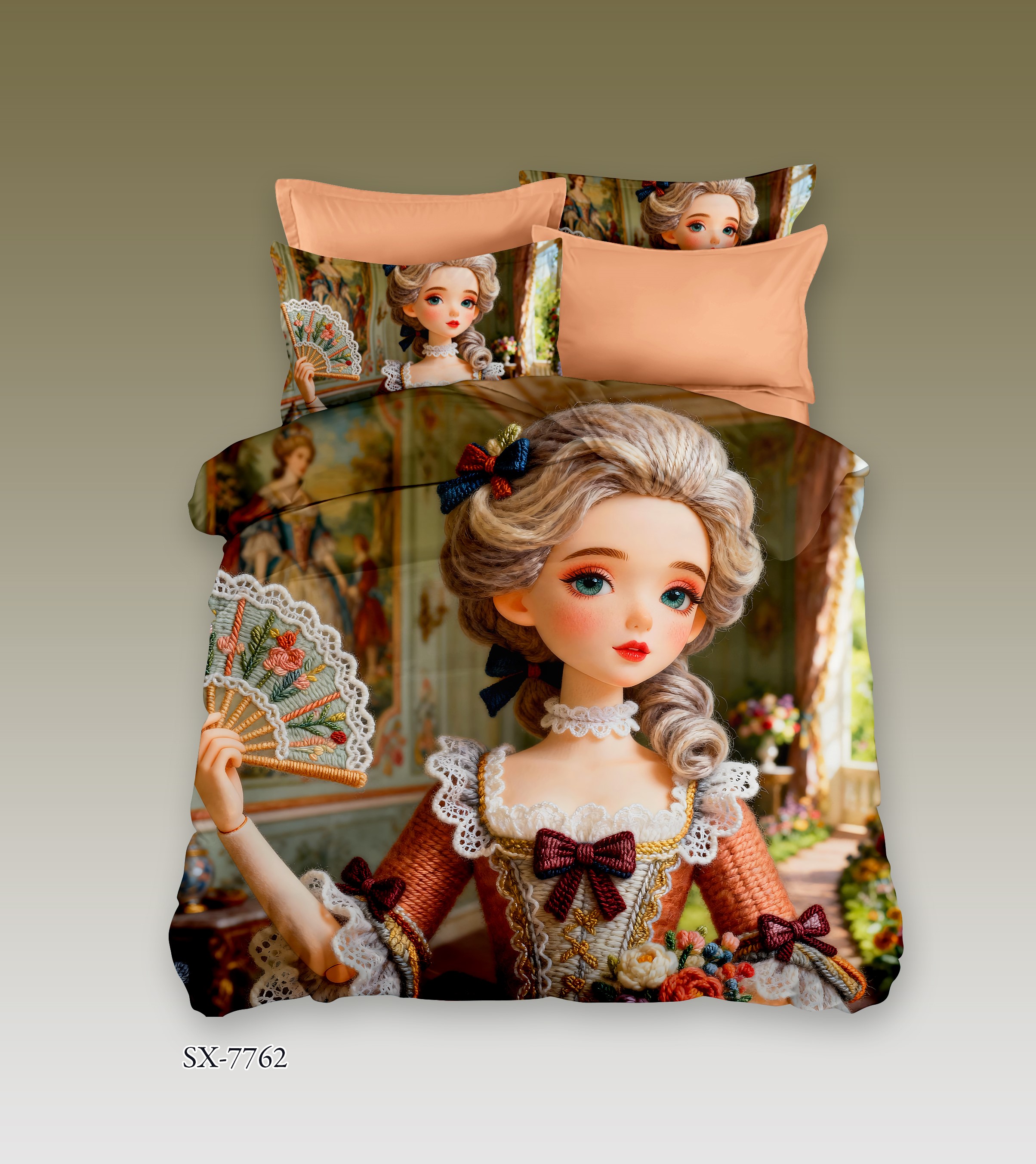 Victorian Lady 5D Digital Printed Bed Sheet Set with Rococo Beauty and Ornate Fan