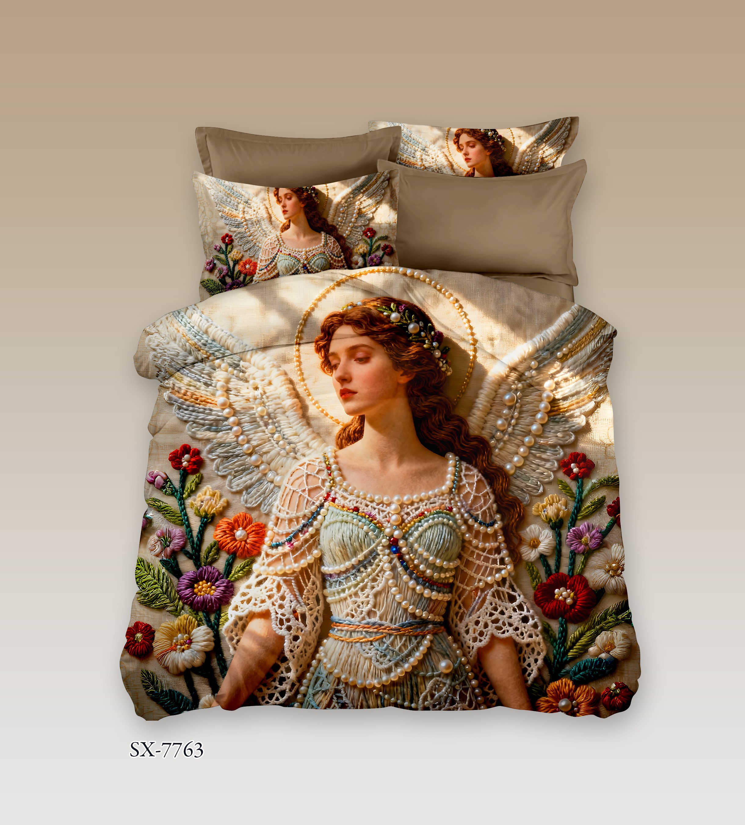 Embroidered Angel 5D Digital Printed Bed Sheet Set with Pearl-Adorned Celestial Beauty