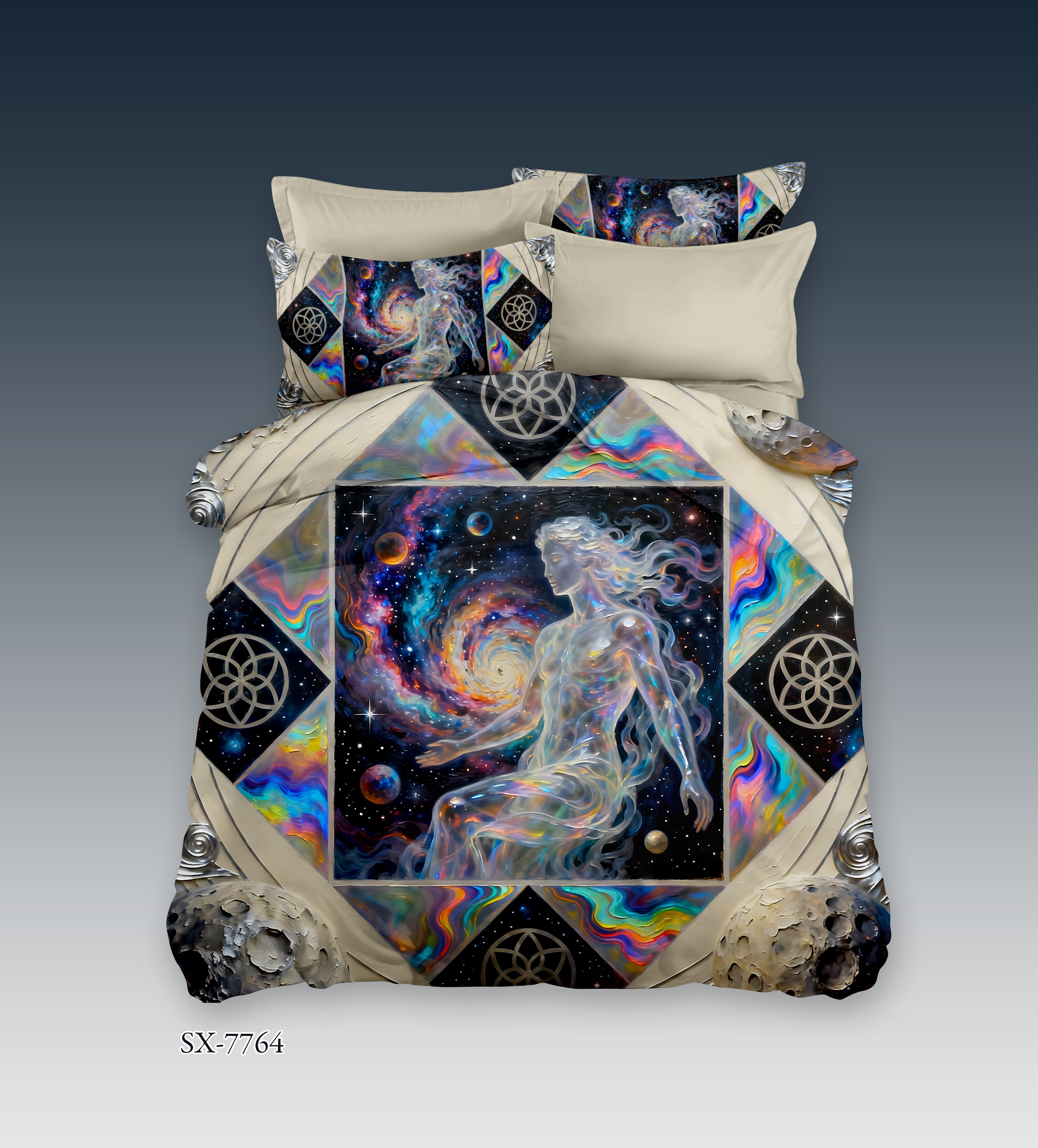 Cosmic Goddess 5D Digital Printed Bed Sheet Set with Sacred Geometry and Nebula Spirit