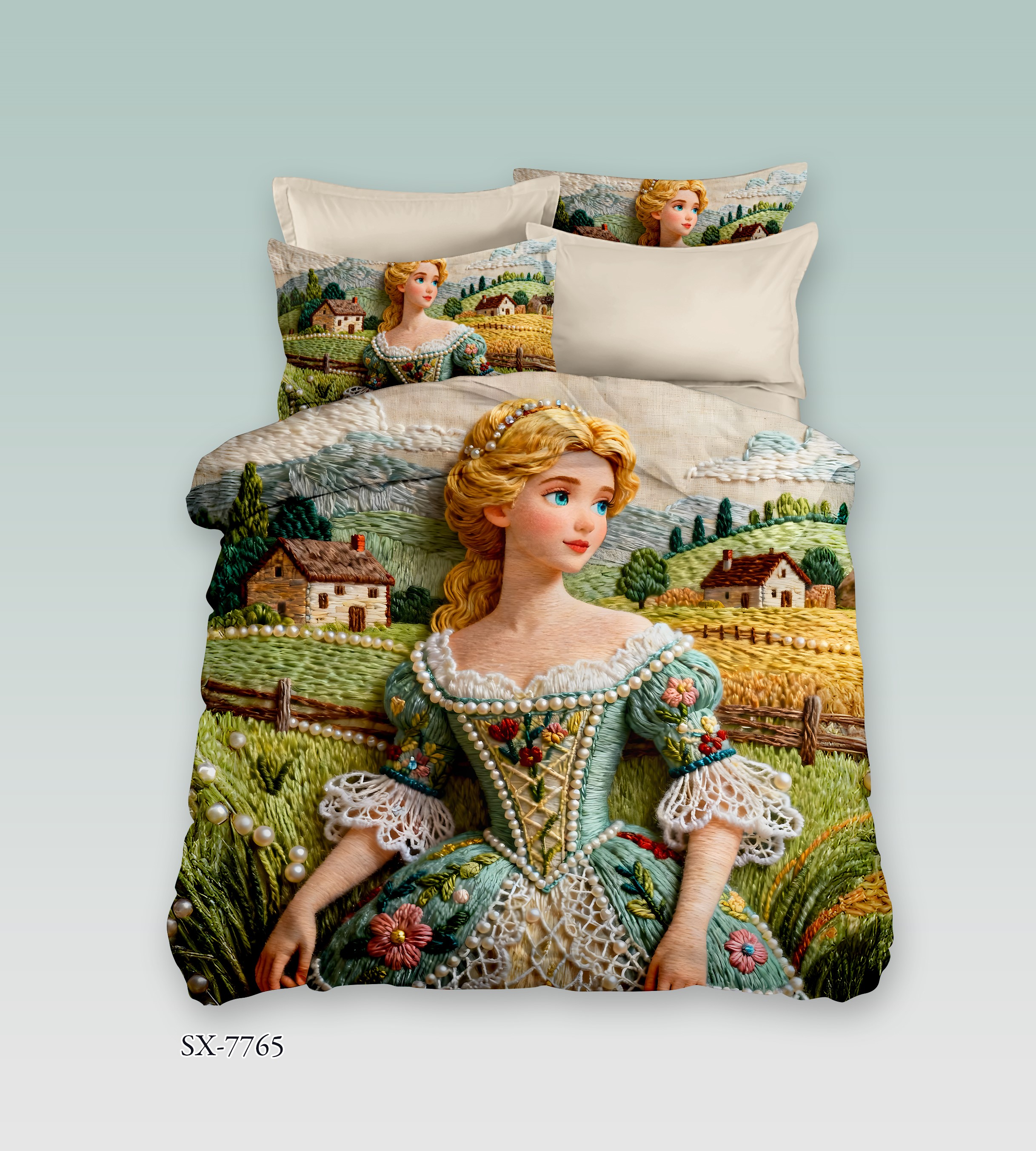 Pastoral Princess 5D Digital Printed Bed Sheet Set with Embroidered Countryside Maiden