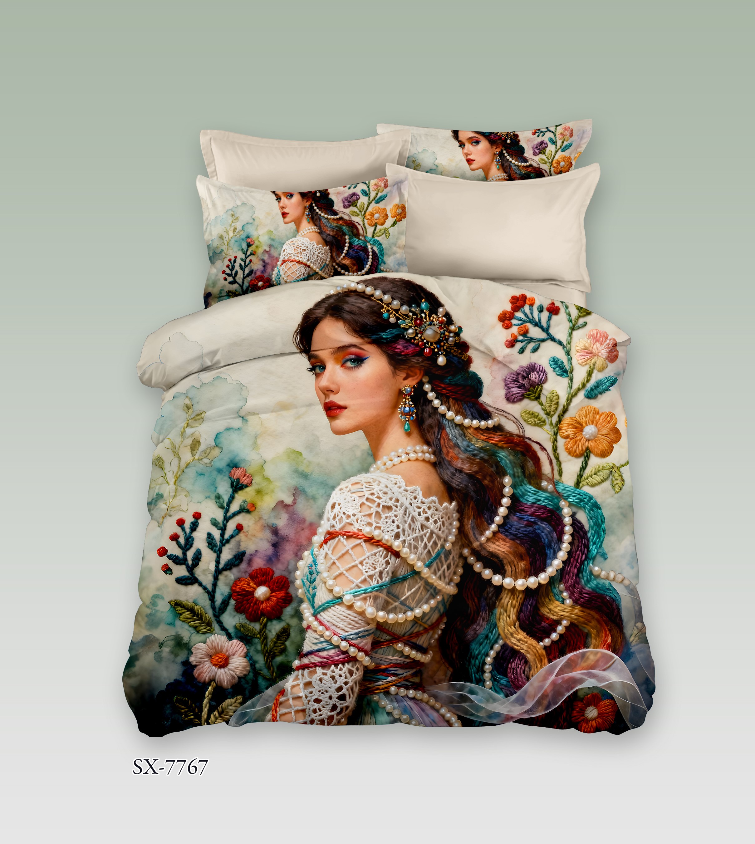 Bohemian Beauty 5D Digital Printed Bed Sheet Set with Pearl-Adorned Goddess and Rainbow Hair