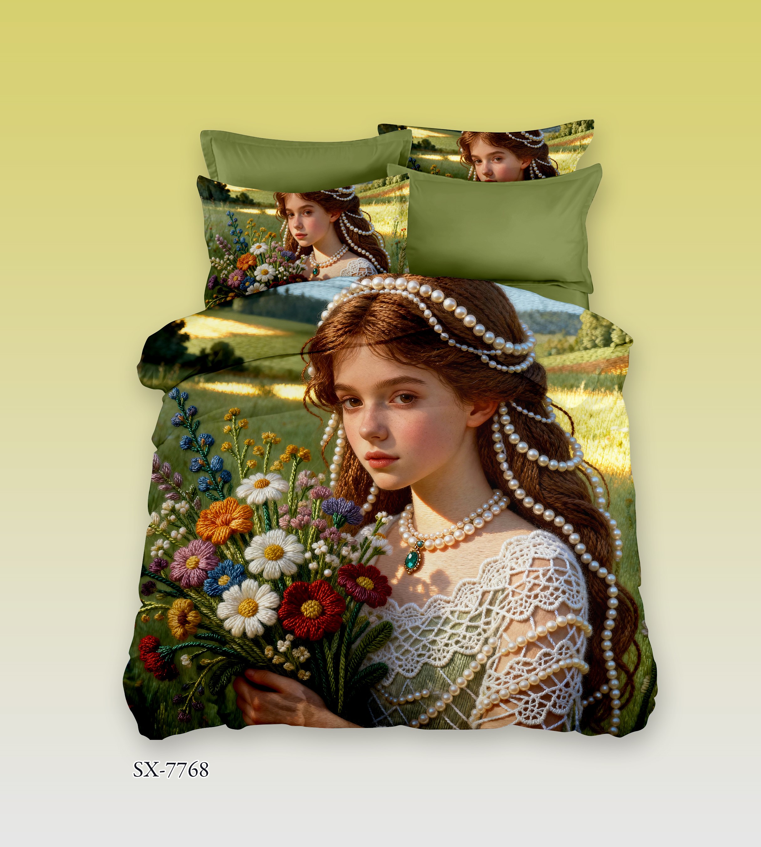 Meadow Maiden 5D Digital Printed Bed Sheet Set with Pearl-Draped Lady and Wildflower Bouquet