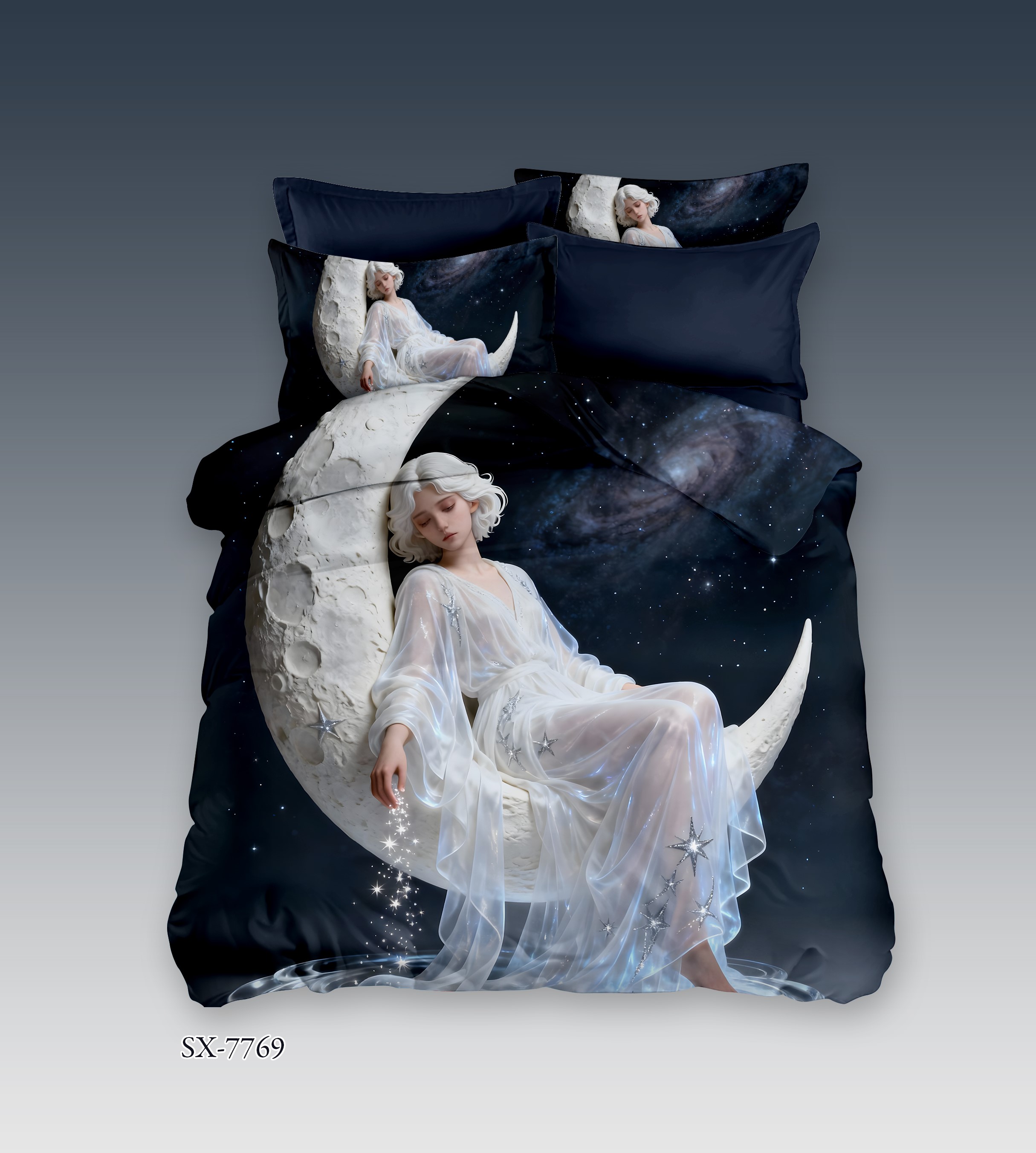Lunar Goddess 5D Digital Printed Bed Sheet Set with Moon Maiden and Starlight Dreams