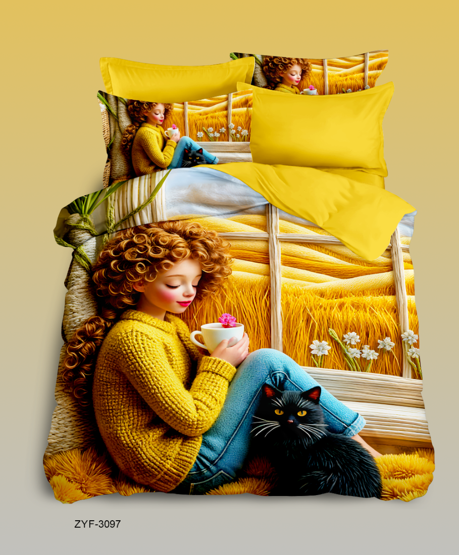 Autumn Harvest 5D Digital Printed Bed Sheet Set with Cozy Window Scene and Black Cat Companion