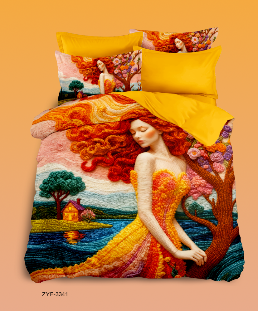 Autumn Tree Goddess 5D Digital Printed Bed Sheet Set with Embroidered Landscape and Flowing Crimson Hair