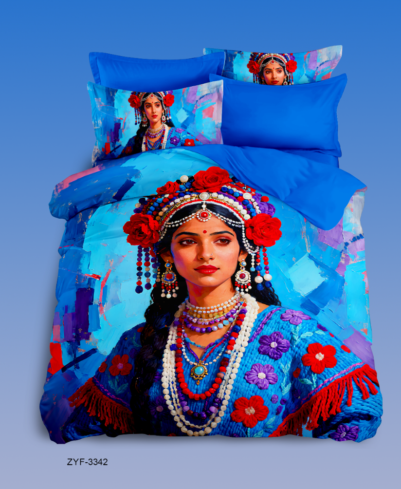 Ethnic Beauty 5D Digital Printed Bed Sheet Set with Traditional Costume and Cultural Jewelry