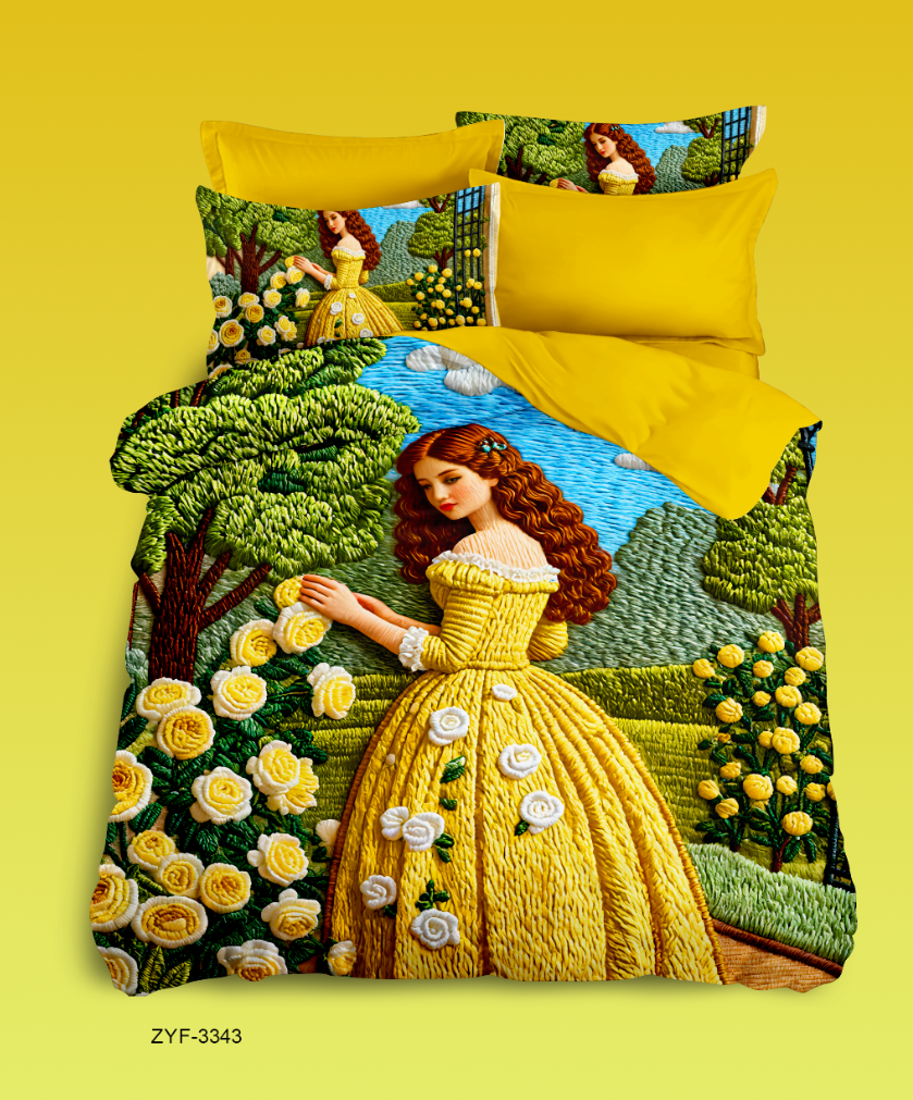 Rose Garden Belle 5D Digital Printed Bed Sheet Set with Embroidered Victorian Lady and Yellow Rose Paradise