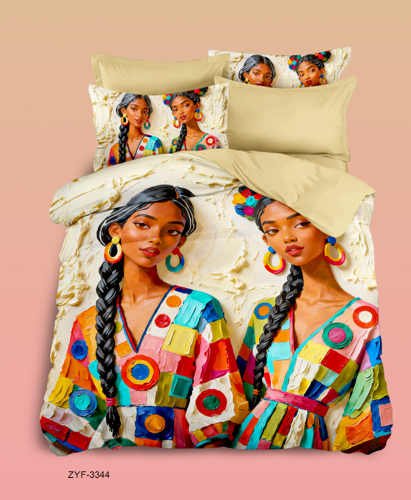 Modern Art Twins 5D Digital Printed Bed Sheet Set with Geometric Fashion and Contemporary Portrait