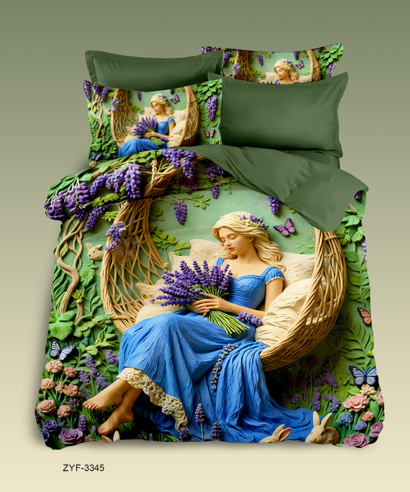 Lavender Garden Swing 5D Digital Printed Bed Sheet Set with Garden Beauty and Purple Flower Paradise