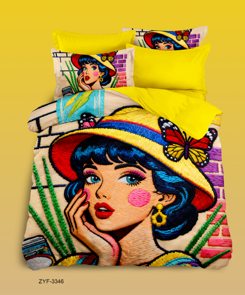 Modern Living Room 5D Digital Printed Bed Sheet Set with Elegant Lady and Dalmatian Companions