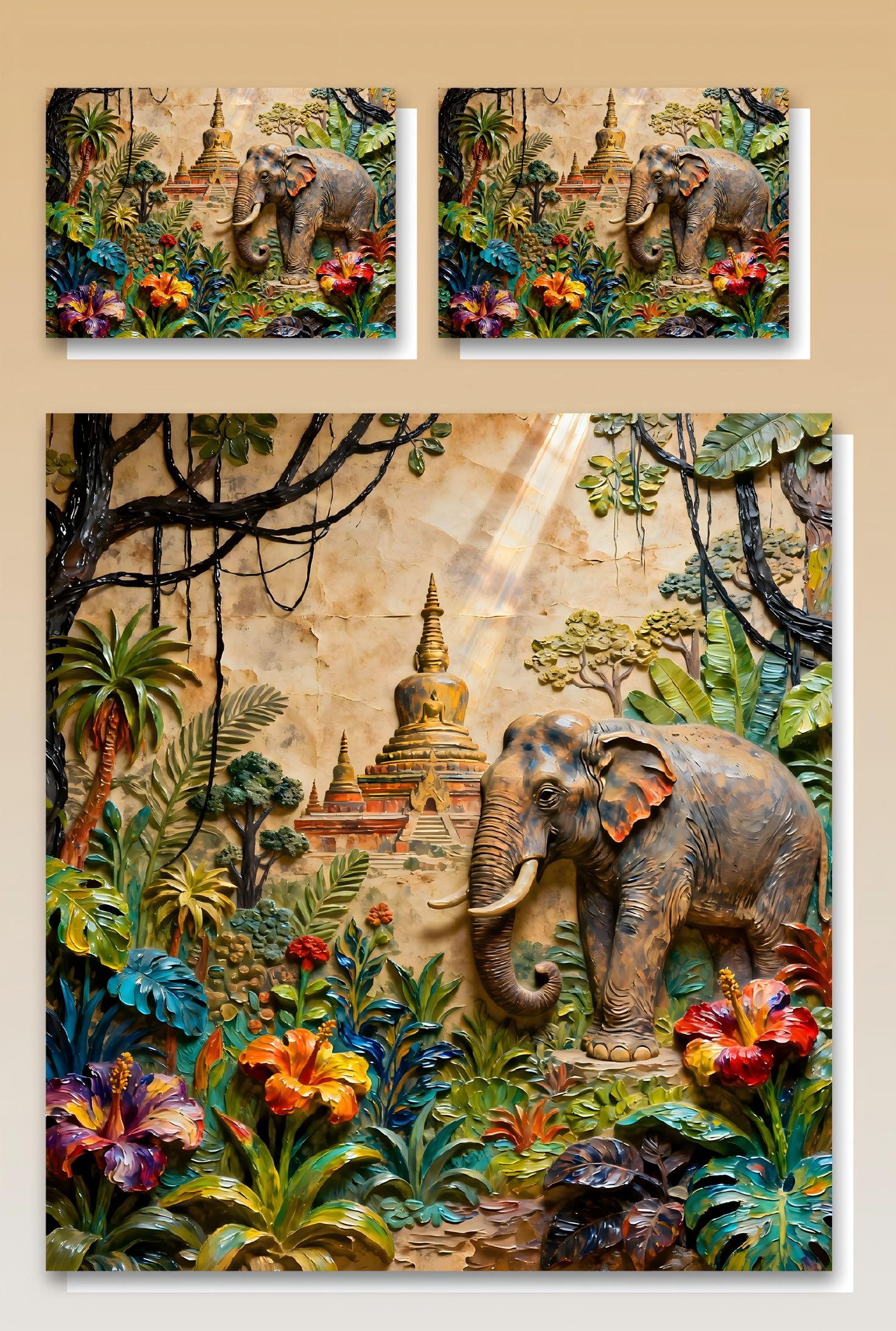 5D Oil-Painting Effect Digital Print Bedding Set - ‌Elephant & Temple Oasis