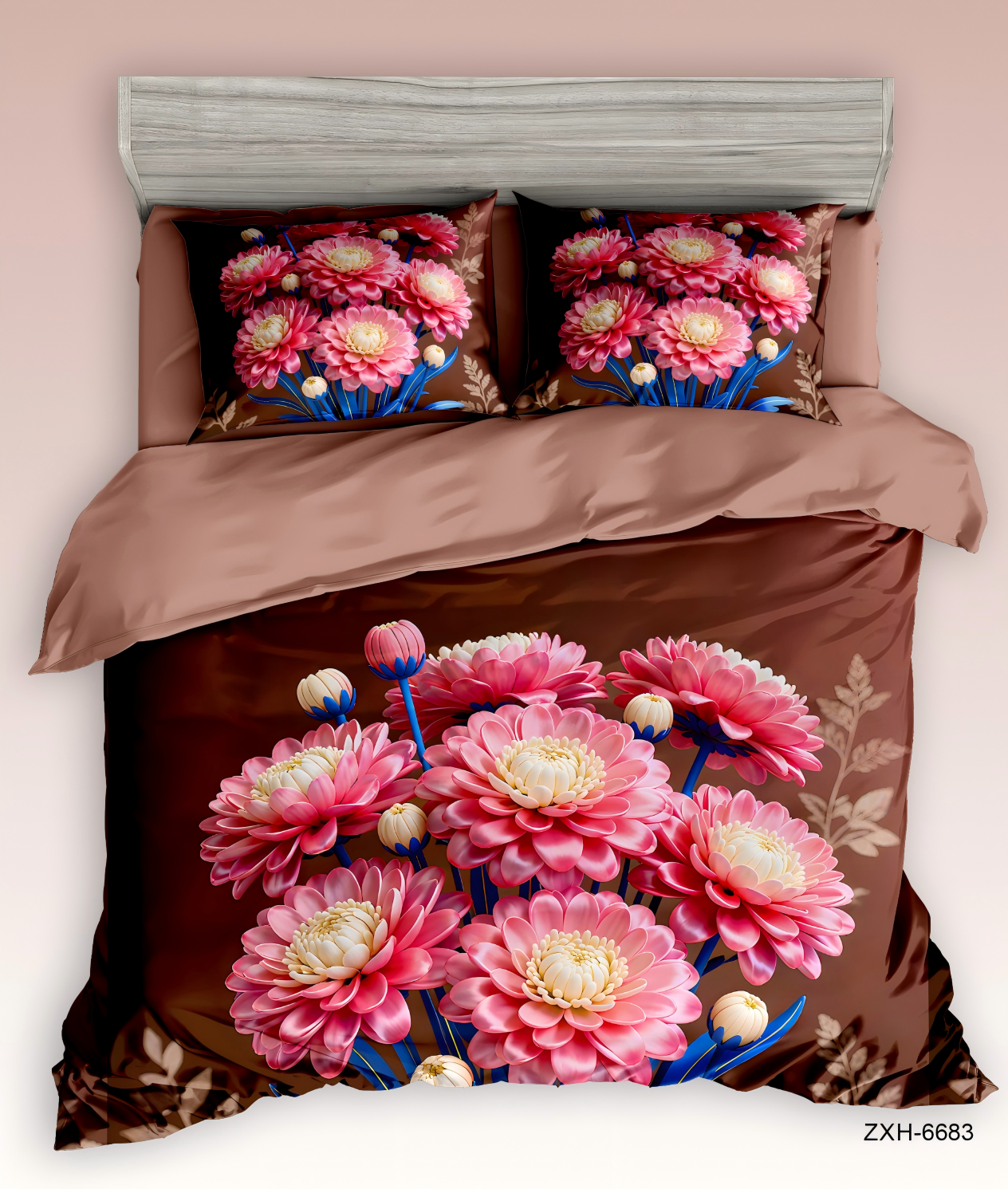 5D Floral Digital Print Bedding Set - ‌Pink Chrysanthemum Bouquet