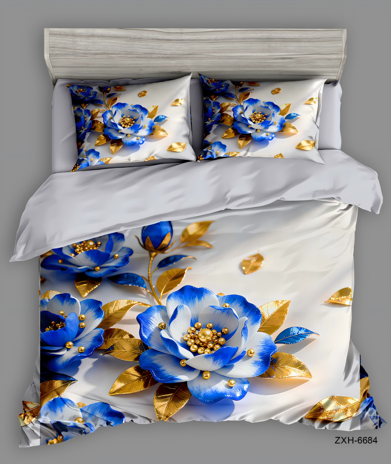 5D Floral Digital Print Bedding Set - ‌Blue & Gold Floral Bouquet