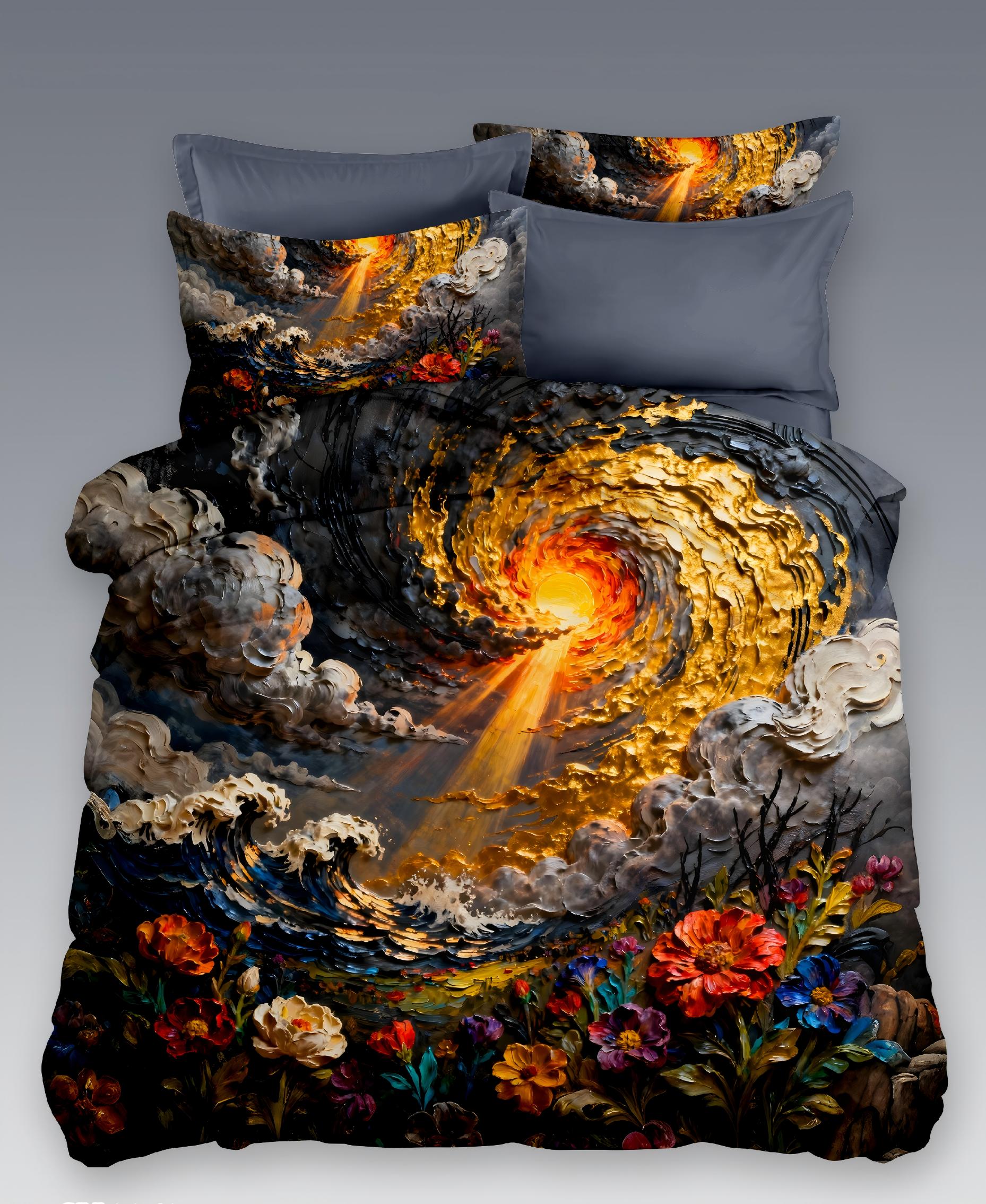 5D Oil-Painting Effect Digital Print Bedding Set - ‌Celestial Spiral & Coastal Blooms