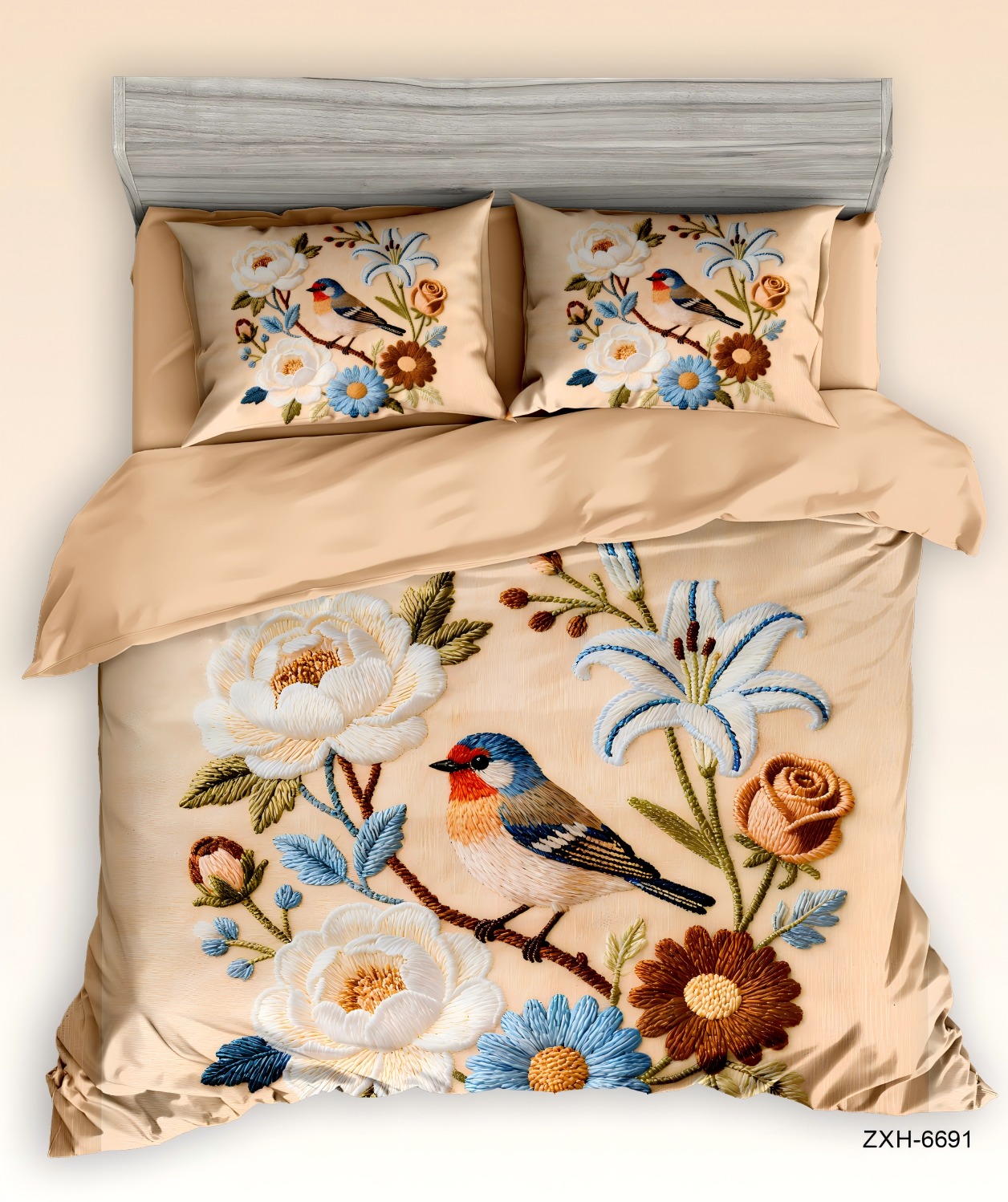 5D Floral Digital Print Bedding Set - ‌Vintage Floral & Bird Motif