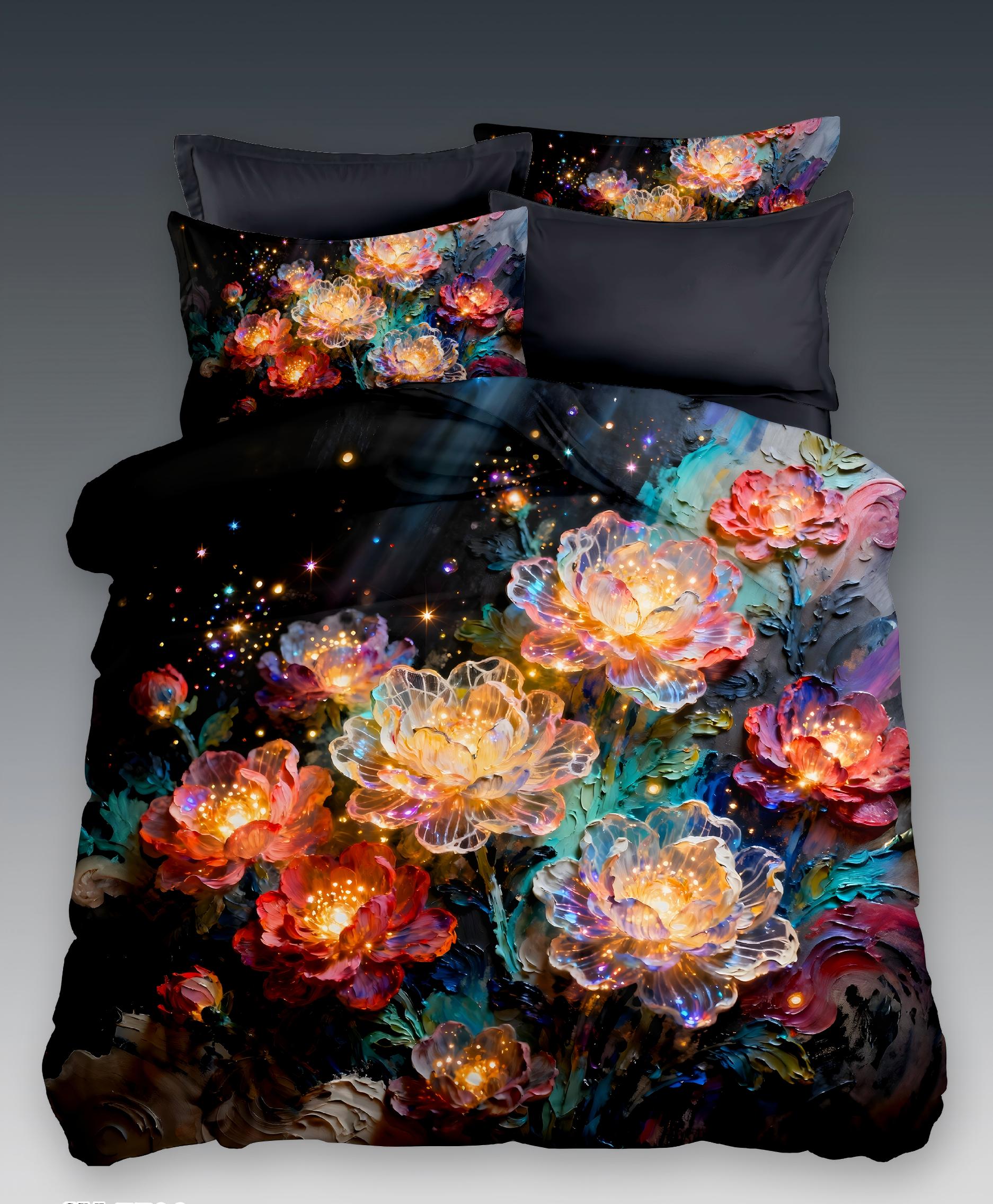5D Oil-Painting Effect Digital Print Bedding Set - ‌Vibrant Peony Blooms with Starry Sky